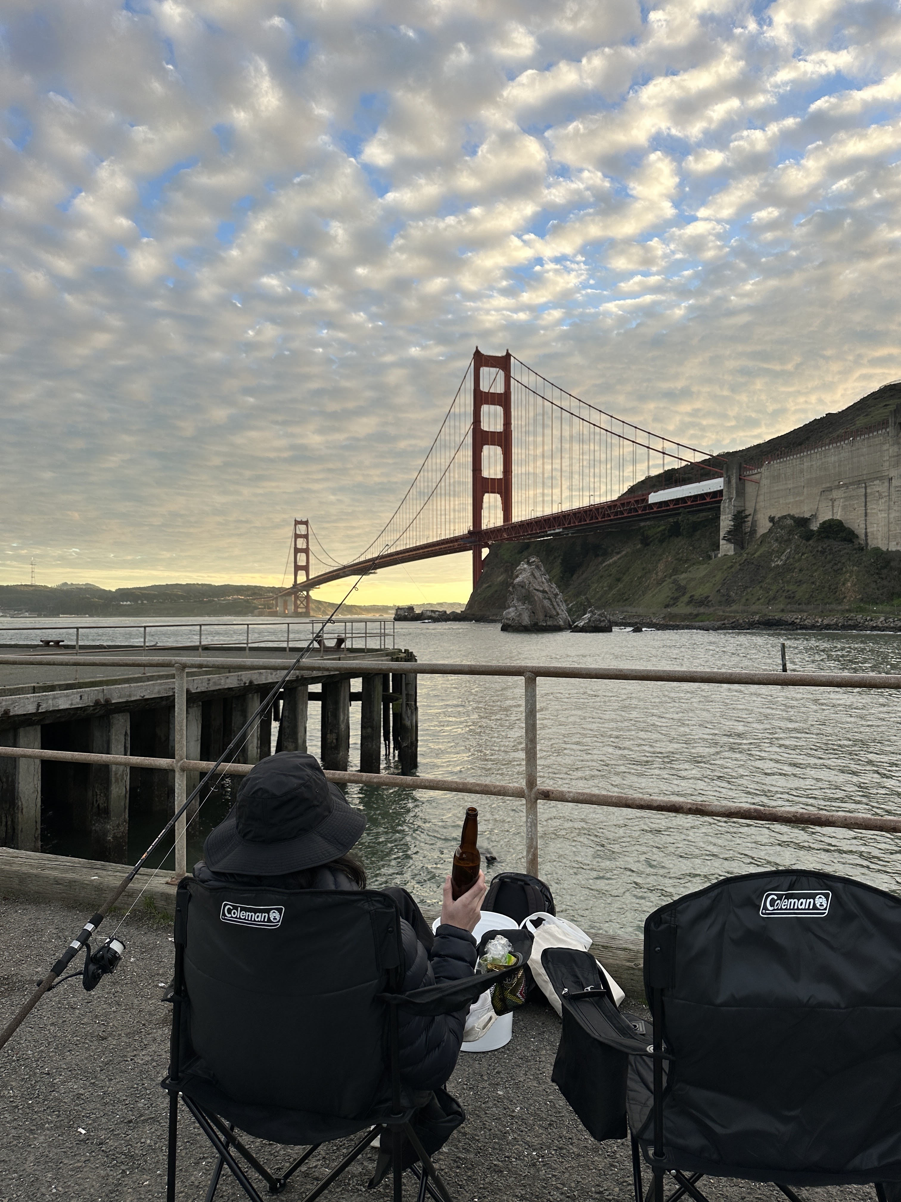 Crabbing setup at Moore Rd. Pier with Golden Gate Bridge view
