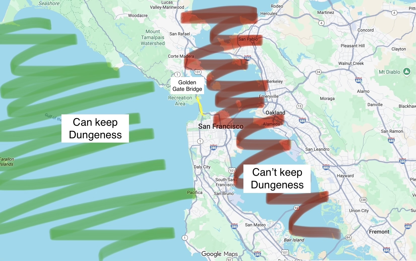Map showing Dungeness crab keeping rules - can keep outside Golden Gate, can't keep inside